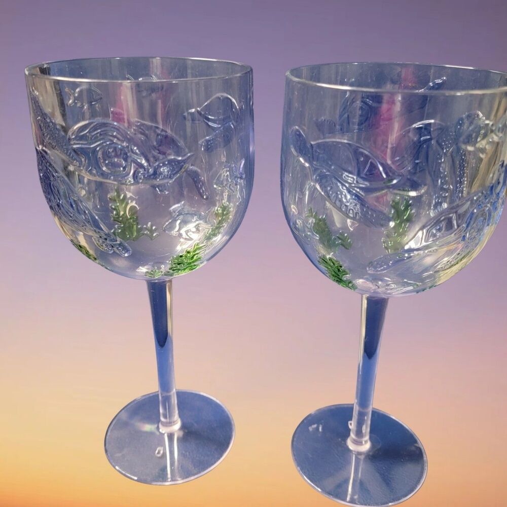 TWO Sigrid Olsen Sea Life Acrylic Raised Sea Turtles Shells Wine Glasses 9” NEW